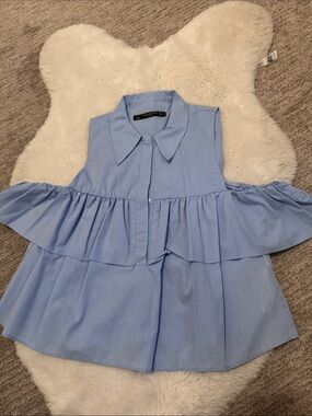 Zara Light Blue Ruffle Cold-Shoulder Blouse - Women Tops